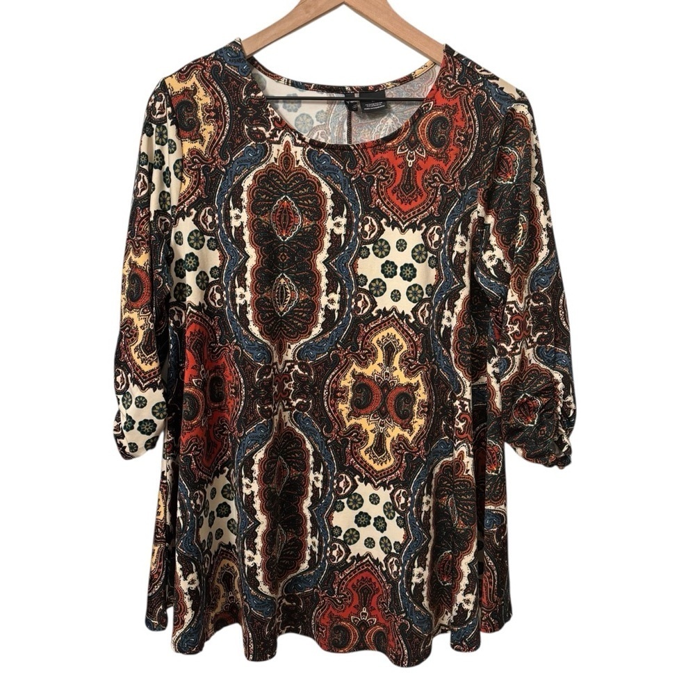 Boho Paisley Print Tunic Top Size M 3/4 Sleeve A-Line Flare Hem Multicolor